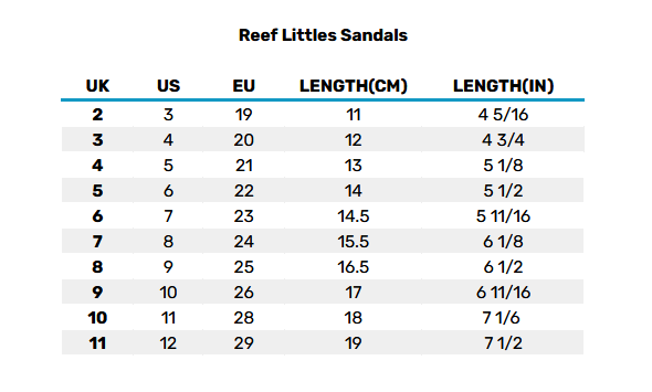 2026 REEF LITTLE SANDALS 0 Tableau des tailles